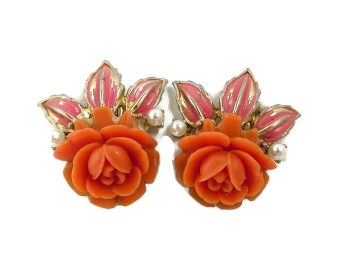 Flower Earrings, Vintage Coro Screwback Earrings, Orange Rose, Faux Pearl, Gold Tone 1950s Floral Earrings, Gift for Her