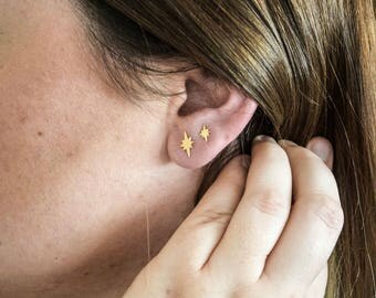 Double piercing gold earring studs - double piercing earring set - star earrings - peter pan earrings - peter pan jewelry - tiny gold studs