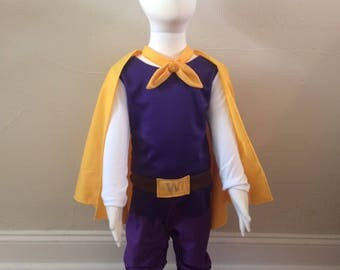 Prince Wednesday Inspired Costume Set includes, Crown, Cape, Shirt with Belt Detail, Pants, and Boot Covers