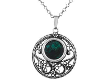 Natural Blue Green Eilat Stone Filigree Pendant Sterling Silver Round Necklce