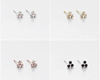 925 Sterling Silver Earrings, Tiny Triple Crystal Earrings, Gold Plated Earrings, Rose Gold Plated Earrings, Stud Earrings (Code : EG48)
