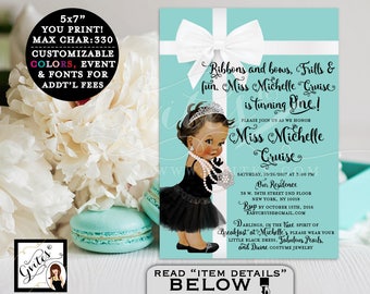 Baby & Co. Breakfast First BIRTHDAY Invitation blue themed, baby girl, african american elegant PRINTABLE, 5x7, Customizable.