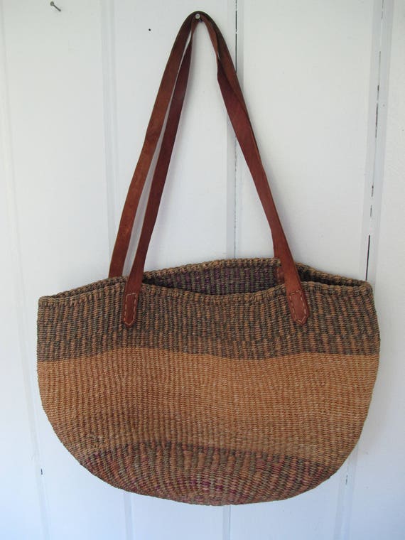 Vintage Woven African Market Basket with Leather handles