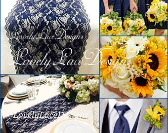 New NAVY BLUE Lace/Table Runner/3ft-11ft long x12in wide/Wedding Decor/Table Decor/NAVY/Centerpiece/Weddings//Ends Cut not sewn/Free Runner