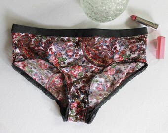 black floral modern panties, bohochic summer hipster, floral red panties
