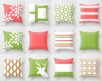 Coral Pillow Covers Throw Pillow Covers Decorative Pillow Covers Accent Pillow Covers Green Pillow Covers Home Decor 16" 18" 20" 26