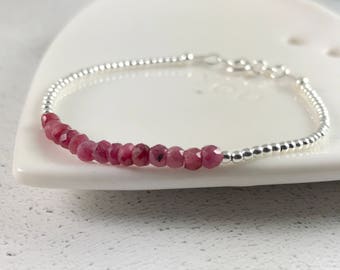 Ruby Bracelet, July Birthstone, Thin Ruby Bracelet, 40th Wedding, Ruby Anniversary, Gift for Wife, Sterling Silver, Dainty Gemstone Bracelet