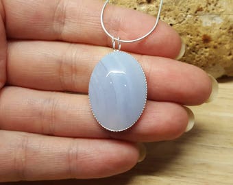 Blue lace agate pendant. 925 sterling silver. Reiki jewelry uk. Pisces jewelry. 25x18mm Pale blue semi precious stone