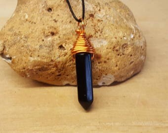 Copper Black Obsidian pendant. Reiki jewelry uk. Wire wrapped pendant. Unisex Obsidian point necklace. 30x9mm stone