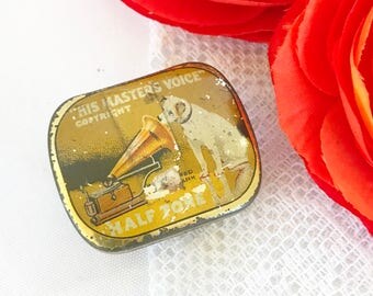 Antique Nipper Gramophone Needles Tin Litho Box, His Master's Voice, RCA Victor Vintage advertising case canister. yellow, record phonograph