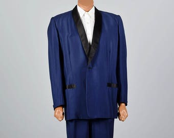 3XL 50R Mens 1950s Blue Tuxedo Big and Tall Portly Extra Large Shawl Collar Formal Back Tie Evening Rockabilly Elvis Costume Theater