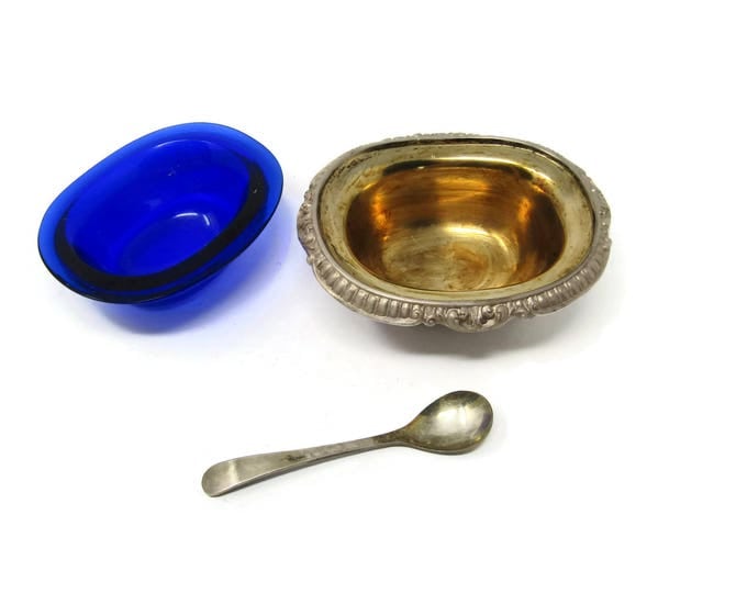 Silver and Cobalt Blue Salt Cellar with Spoon by Reed & Barton SULGRAVE MANOR Georgian Silverplate Cobalt Master Open Salt Cellar