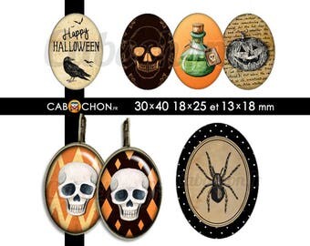 Happy Halloween • 45 Images Digitales OVALES 30x40 18x25 13x18 mm squelette corbeau citrouille poison orange crane mort araignée horreur