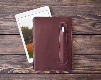 iPad Pro 10.5 inch leather cover. iPad Pro and Apple Pen holder. iPad leather case. Dark brown color.