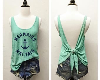 MERMAIDS + MAI TAIS...Seafoam/Navy Slub Modal, Open Tie Back, Flowy, Muscle Tee,Graphic Tank, Message Tee, Brunch