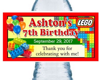 20 LEGOS BIRTHDAY party favors water bottle labels ~ glossy ~ waterproof ink