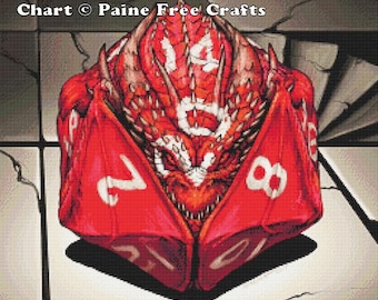 D20 Dice Dragon - emailed PDF cross-stitch chart / pattern, original art © Stanley Morrison licenced by Paine Free Crafts