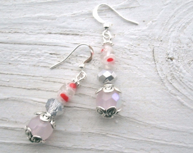 Murano glass & Rose Quartz Earrings ,with silver decorative bead caps, clear and silver crystal beads, , feminine earrings, gift for her