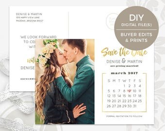Calendar Save the Date Card - Calendar Save the Date Postcard Template, Save the Date Postcard, Gold Save the Date, Wedding Announcement