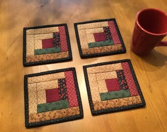Log Cabin Mug Rugs / Quilted Mug Rugs / Country Decor /Handmade /Farmhouse Decor / Item #2086