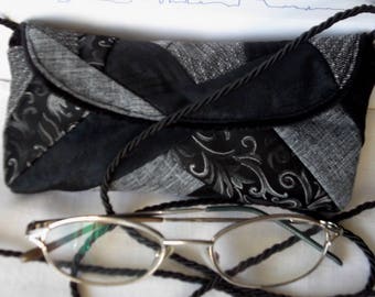 Teacher glasses case soft fabric eyeglass holder in black grey with long strap quilted bag