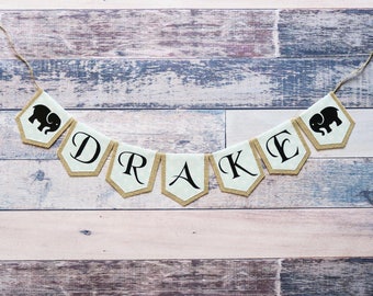 Elephant Baby Banner, Burlap Banner Baby Name, Custom Baby Name Banner, Blue Fabric Banner, Elephant Baby Shower Banner, Elephant Baby Room