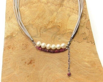Ruby Necklace with Pearls, Grey Leather Wrap Necklace Bracelet, Leather Multi Wrap, July Birthstone, Pearl, Stainless Steel, Boho, Raw Ruby