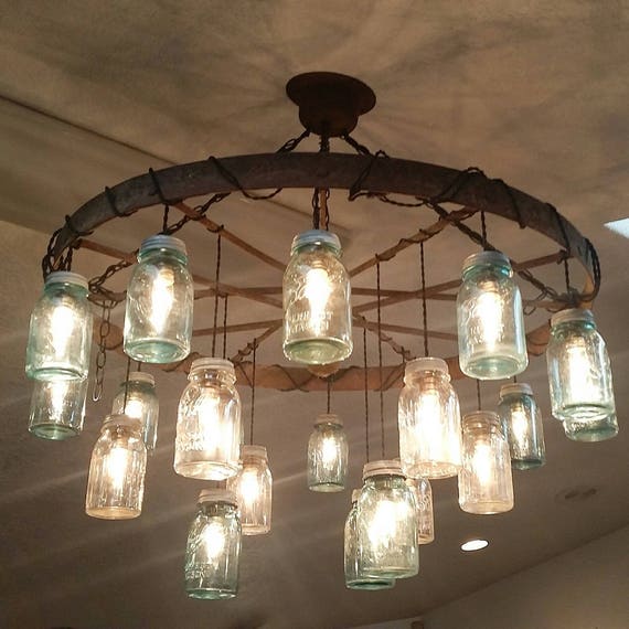 21 Light Vintage Mason Jar/Wagon Wheel Chandelier