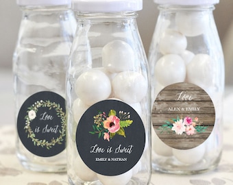 Personalized Floral Garden Milk Bottles Dessert Goodie Buffet Custom Bottle Favors Bridal Engagement Tea Party Rustic Chic Country Wedding