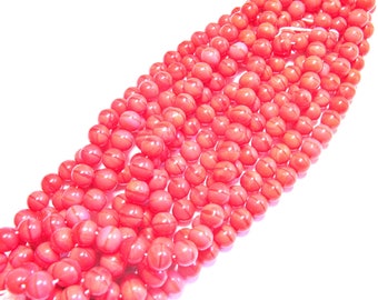 30 ROUND 8 MM BRIGHT CORAL PINK COLOR GLASS BEADS