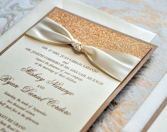 MISHAY - Champagne, Ivory and Rose Gold Glitter Wedding Invitation - Classic Wedding Invitation with Sand Glitter and Ivory Ribbon Bow