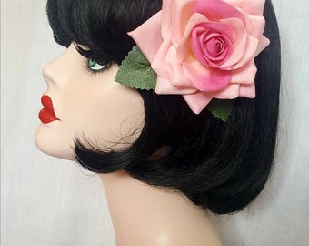 Baby pink velvet rose with green leaves hair clip