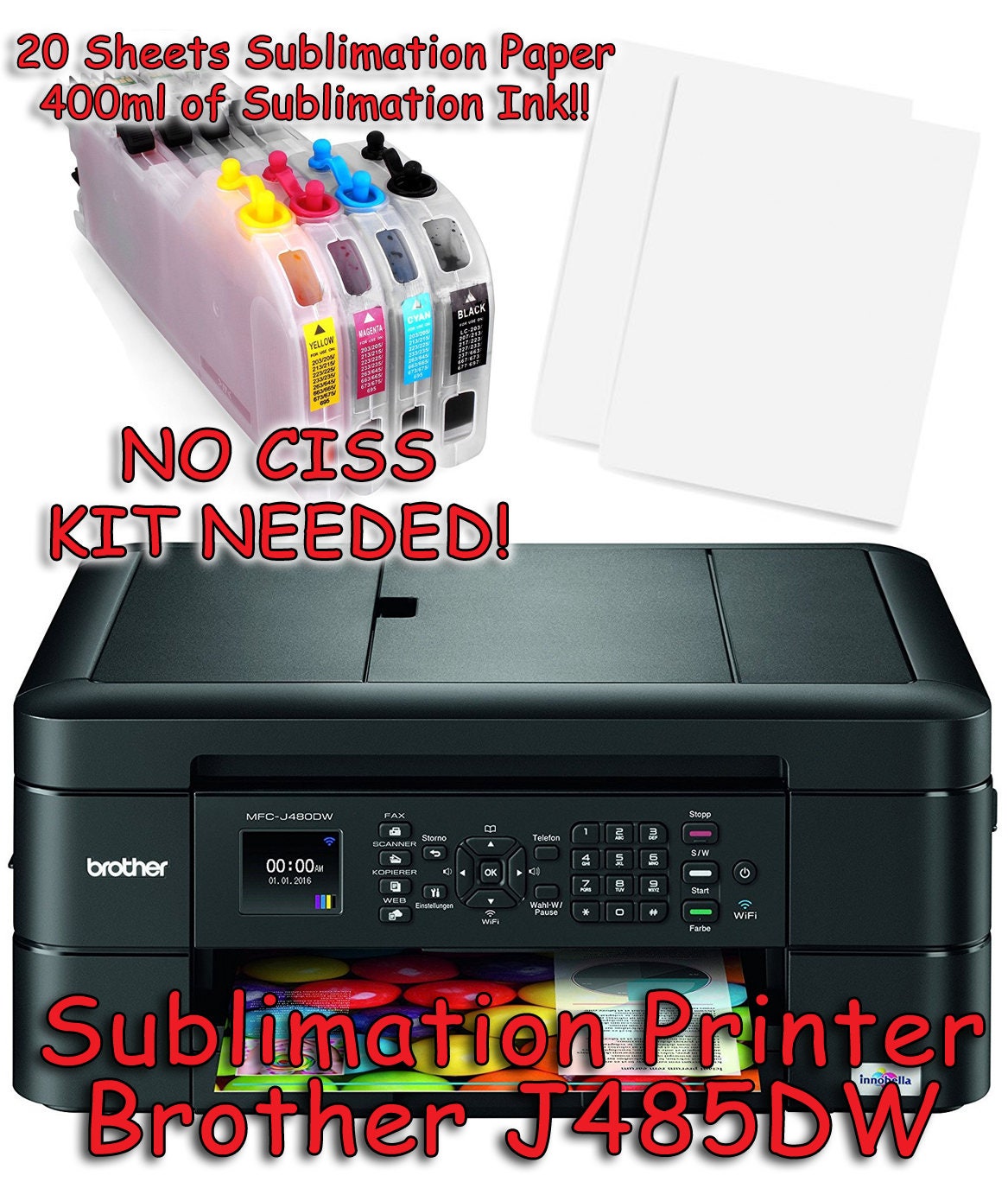 Brother MFCJ485DW Sublimation Printer Bundle with Sublimation