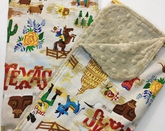 Texas Baby Blanket, Gender Neutral Minky Blanket, Nursery Bedding, Western, Alamo, Blubonnets, Yellow Rose, Longhorn, Sand Minky Back