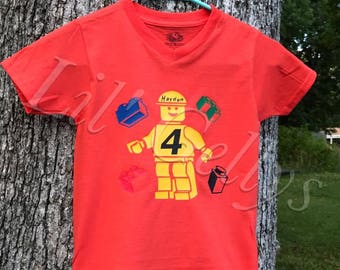 boys shirt,toddler shirt,custom kid shirt,birthday shirt 4,lego man,lego party,lego birthday shirt,lego shirt,custom lego shirt,legos,