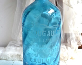 Antique French Etched Blue Glass Art Nouveau Bottle Twist Soda Siphon Syphon Vintage Seltzer Bottle E.Bougault Caulnes 1930s