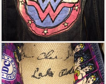 UP-Cycled Denim Jacket with Wonder Woman Patch on Back and Comic Print Lined Collar, X-Large 14/16 (see details)