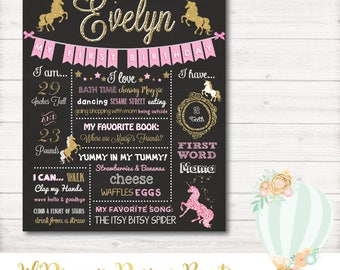 Unicorn Birthday Chalkboard, unicorn birthday, pink, board, poster, First Birthday Board, printable, 1st Birthday Chalkboard, glitter gold
