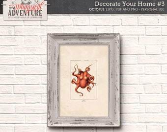 Octopus, Bathroom Wall Art, Instant Download Home Decor, Printable Digital Collage Sheet, Vintage Book Plate, Sea Life, Nautical Print