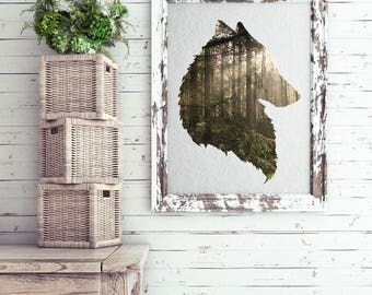 Wolf wall art, giclee print, fine art photography, forest scene, home decor ideas, wolf silhouette, dog pictures, gifts for him, wolves