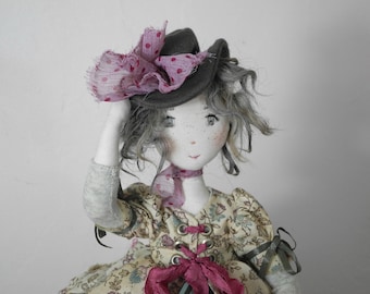 Artist doll, Handmade Doll, Rag Doll, Textile Doll, Art Doll - green - old lace - rag doll, Ooak, JUSTINE, hand made art doll