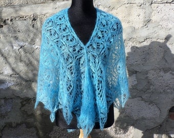 Turquoise hand knit lace mohair shawl knit triangular shawl.