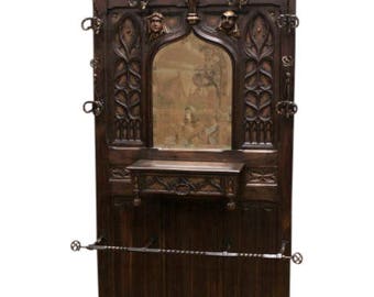 Beautiful and Well Carved Antique French Gothic Hall Rack / Hall Tree, Narrow, 1890's #7587