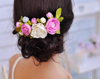 Spring Wedding flower hair comb Wedding sash Bridal hair comb Wedding hairpiece Bridal belt Wedding dress sash floral hair clip Rose comb