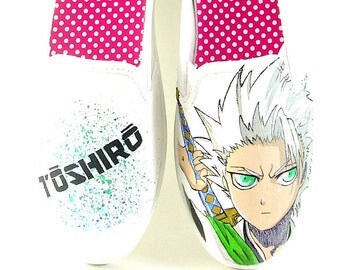 Bleach Anime, Art, Drawing, Toshiro Hitsugaya, Anime Shoes, Unisex Shoes, Hand Painted Shoes, Slip Ons