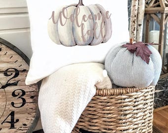 Welcome Fall Pillow Cover - Pumpkin Pillow Cover - Thanksgiving Pillow Cover - Orange Pumpkin Pillow - Neutral Pillow Cover - Give Thanks