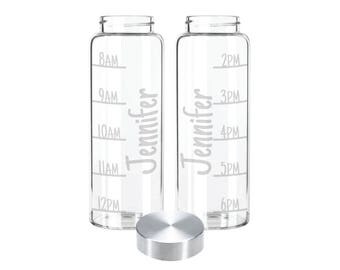 Etched 33oz Glass Water Bottle - Custom Name & Time with Custom Lid