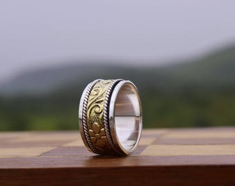 Silver Spinner Ring, spinning ring, meditation ring, fidget ring, worry ring, wide band, Brass & sterling silver ring, 925 sterling silver