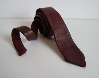 Vintage Cherry Red Leather Skinny Tie, Leather Necktie, 1980s