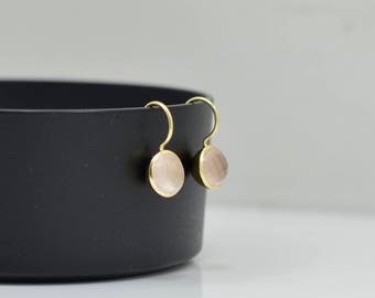 Rose Quartz Gold Earrings, Gold Rose Quartz Earring, Rose Quartz Round Earring, Pink Stone Earring, Pink Gemstone Earring, Round Rose Quartz